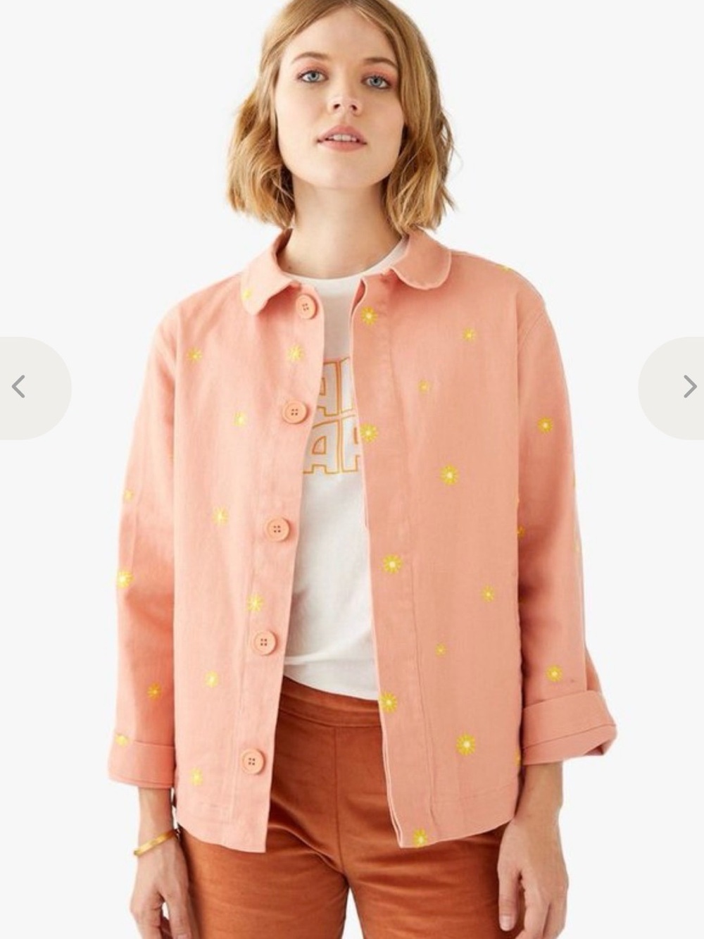 ban.do Coral Pink Button-Front Daisy Embroidered Chore Jacket